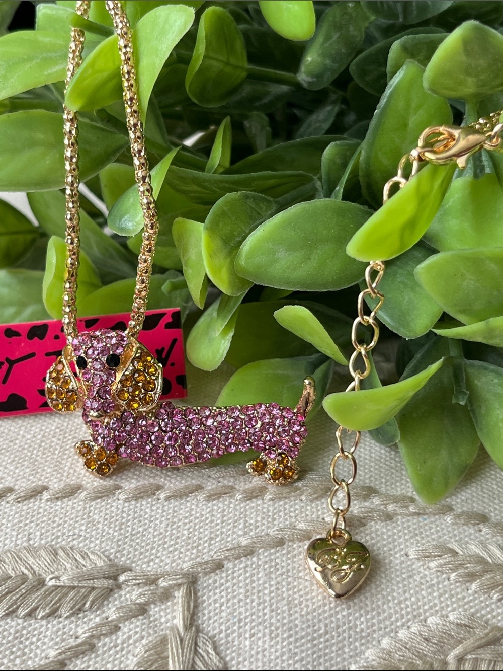 Betsey Johnson Pink Crystal Dachshund Pendant Necklace ~New~